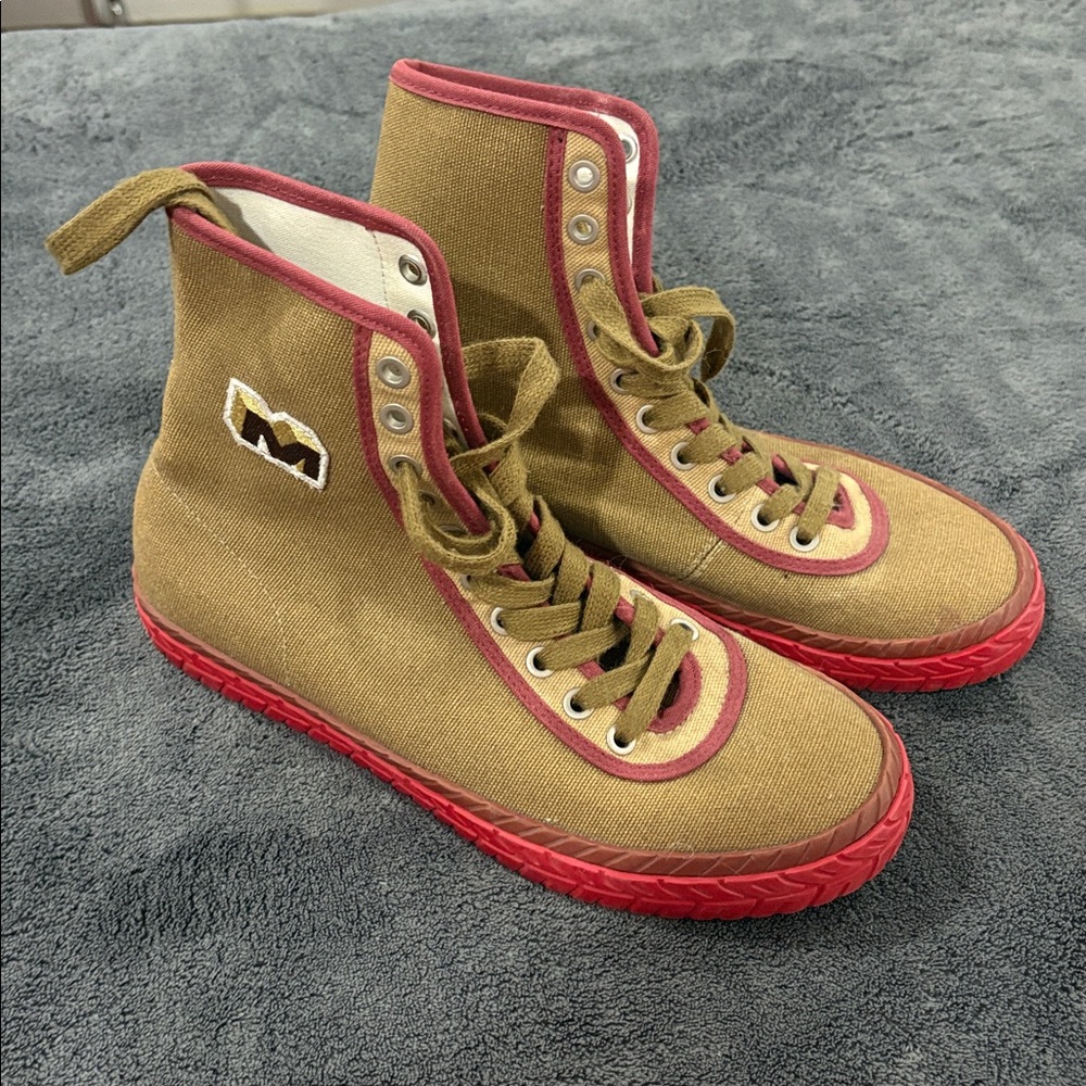 MARNI High-Top Canvas Sneakers Khaki-sand with Red Trim.